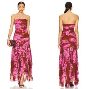 RETROFETE Teryn Strapless Floral Ruched Camellia Reverie Maxi Dress Size Small